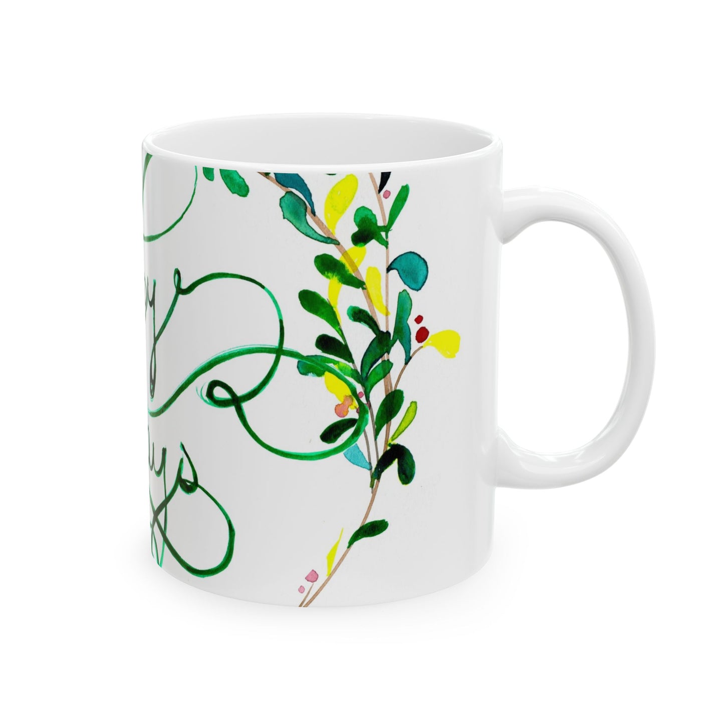 Happy Holidays Floral Ceramic Mug — Festive Green Script 11oz & 15oz