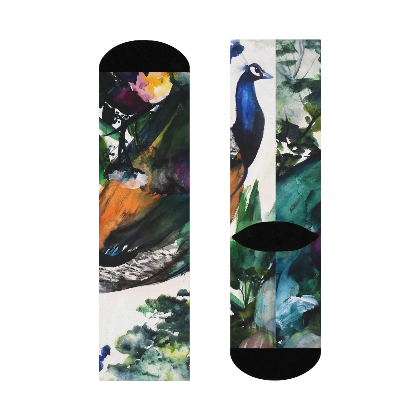 Peacock Watercolor Crew Socks — Colorful Artistic Bird Cushion Socks