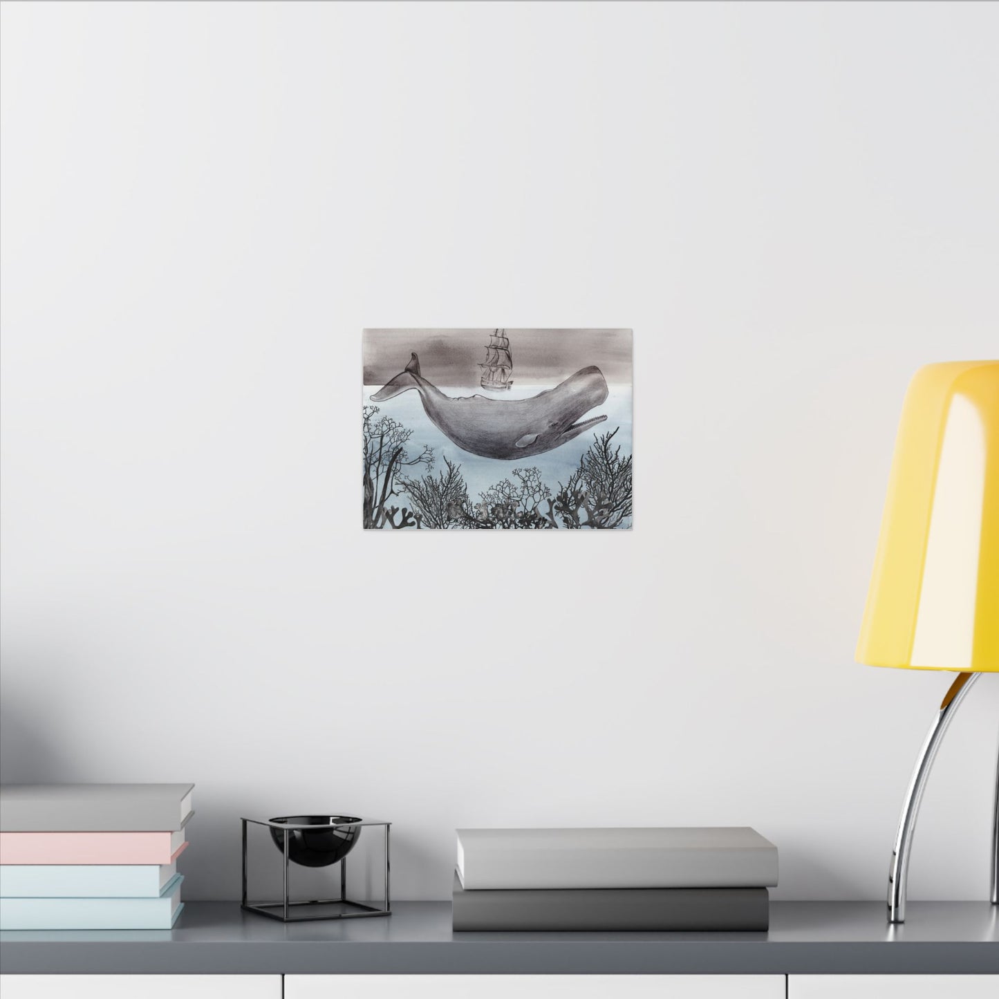 Whale & Ship Matte Canvas Wall Art — Nautical Sperm Whale Illustration