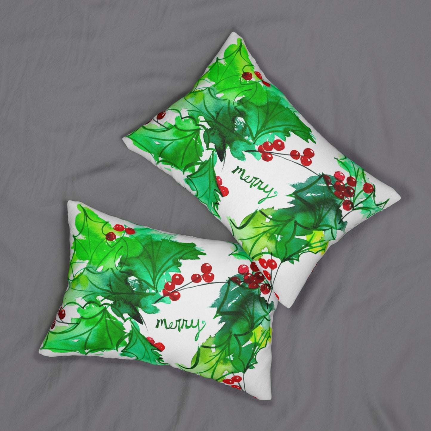 Holiday Holly Lumbar Pillow — 'Merry' Watercolor Christmas Decor