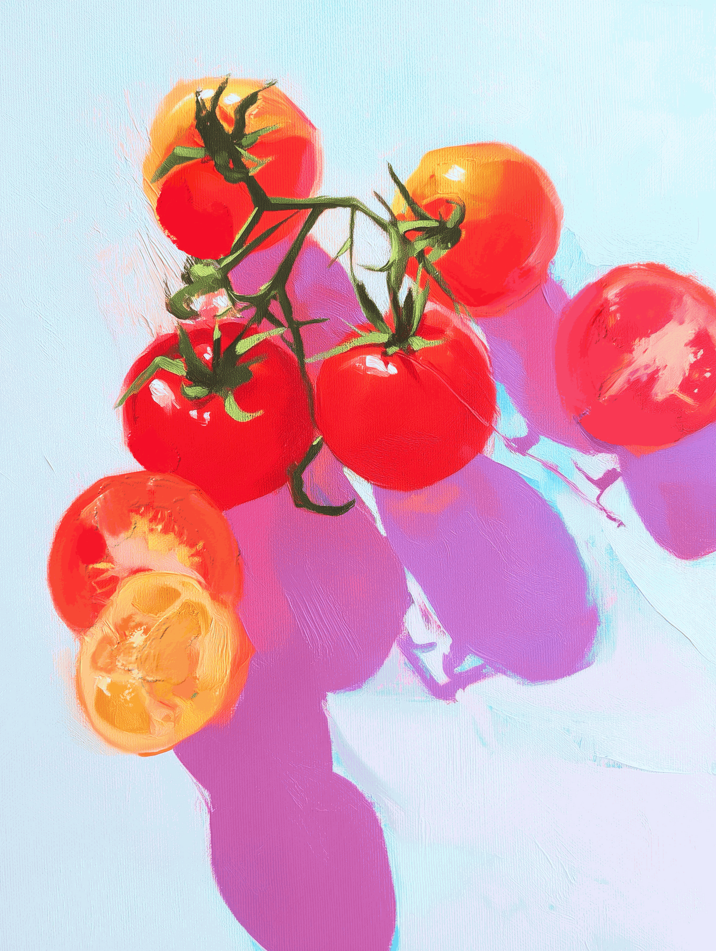 Original acrylic painting titled Tomato Study on 24x30 inch stretched canvas with archival varnish, unframed and signed by the artist
