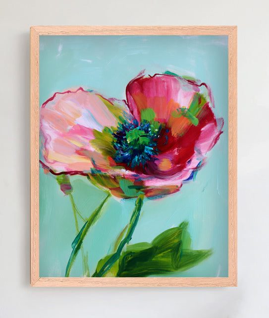 Bloom - Original Framed pastel drawing of floral artwork in oak wood frame, 5x7 inch, signed and dated by artist