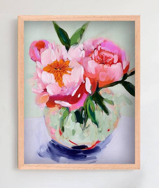 Original framed oil pastel drawing of Sunday Morning Peonies in warm oak wood frame