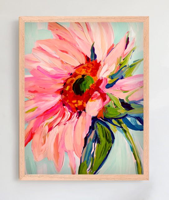 Sunshine Reverie framed pastel drawing with warm, luminous colors in oak wood frame