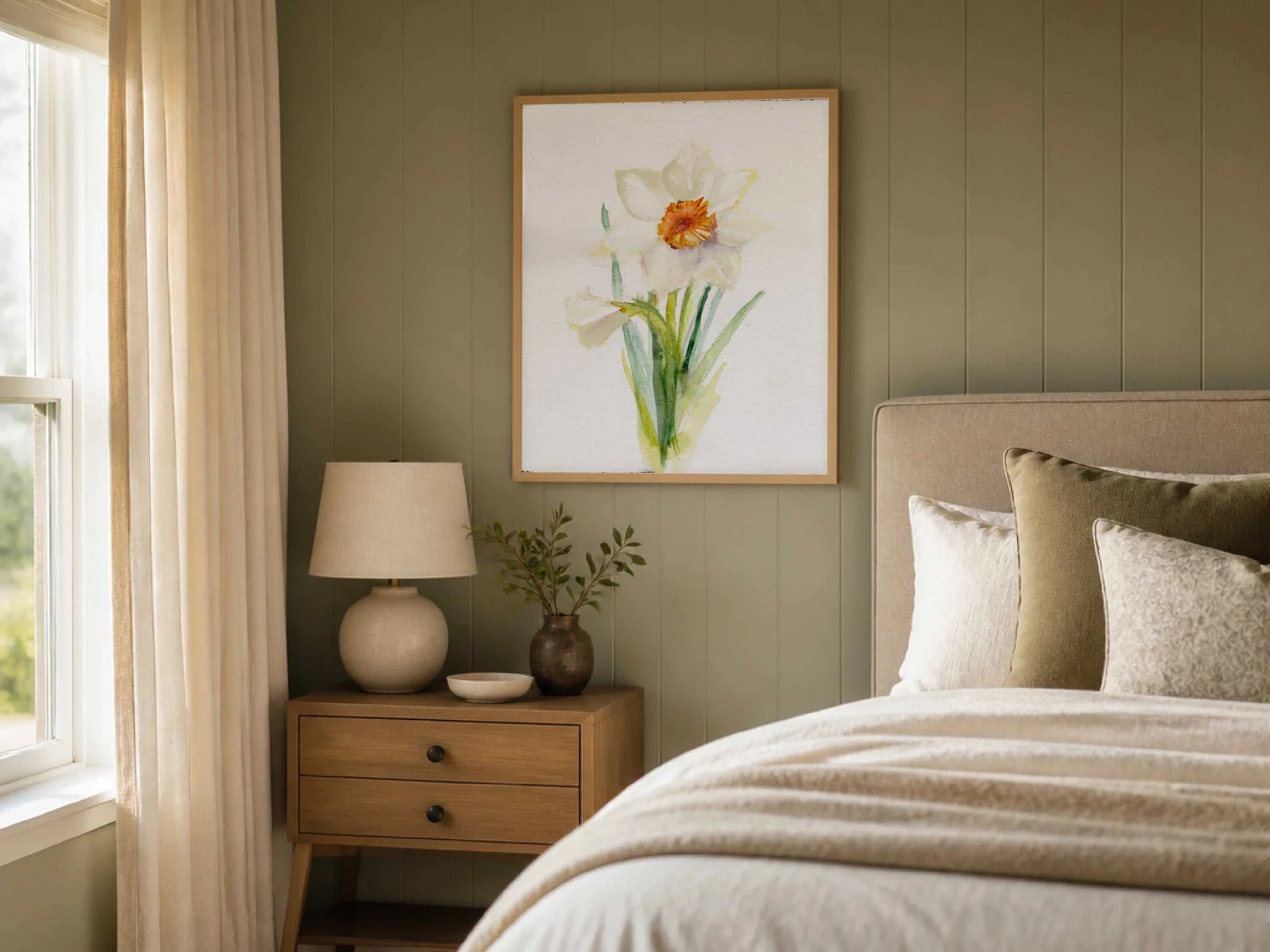 Narcissus December birth flower art print with delicate yellow blooms on archival-quality paper or canvas