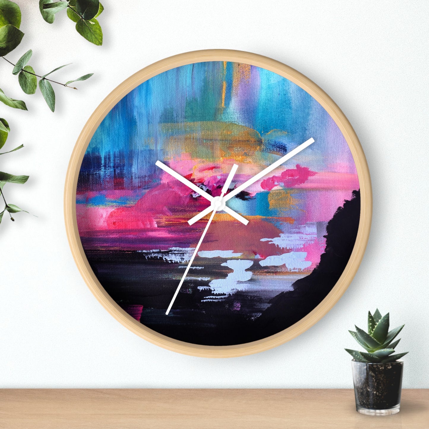 Abstract Sunset Wall Clock — Colorful Coastal Landscape Art Clock