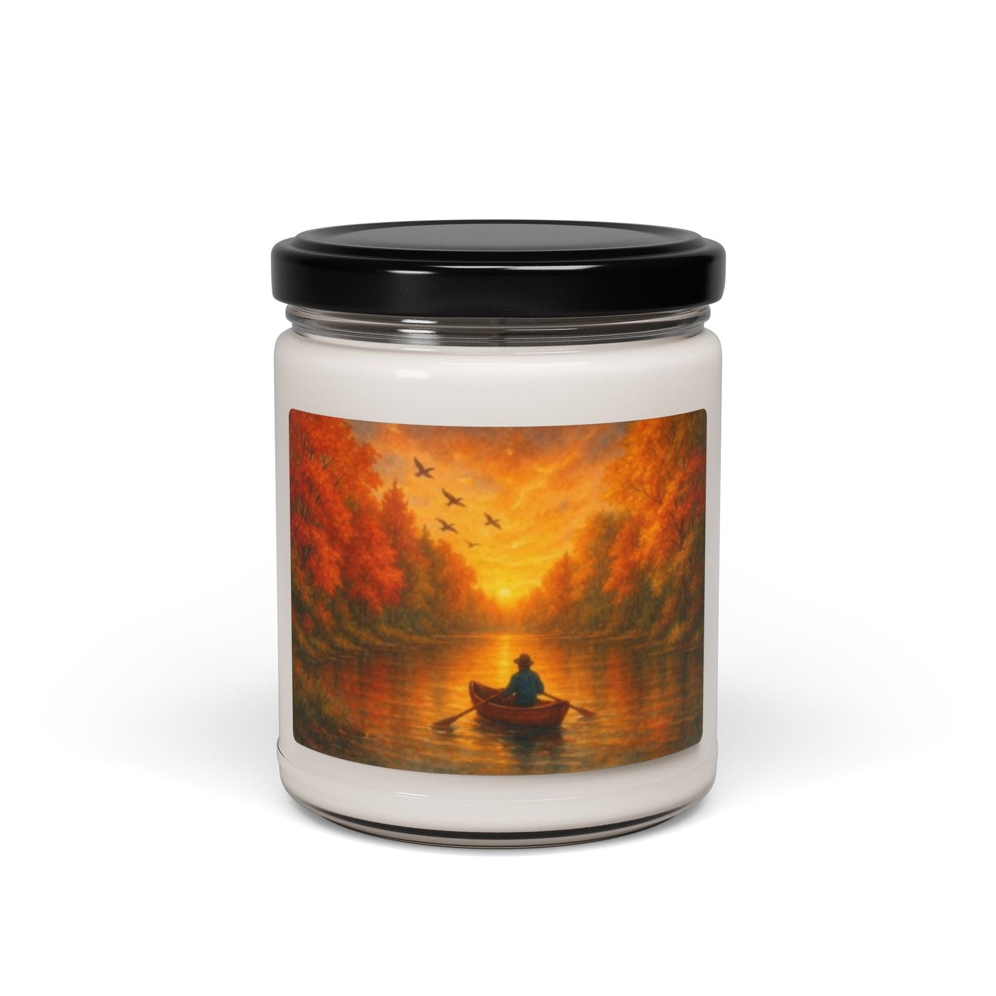 Relaxing River Fall scented soy candle in reusable glass jar for cozy autumn home decor and gifts