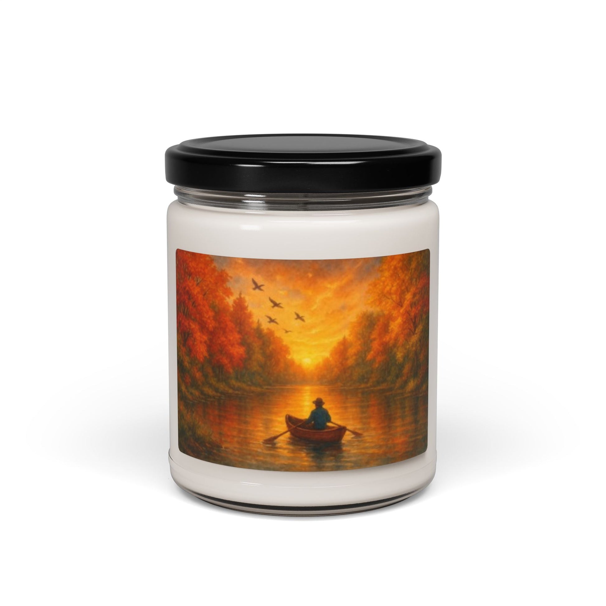 Relaxing River Fall scented soy candle in reusable glass jar for cozy autumn home decor and gifts