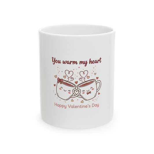 Valentine’s Day coffee mug with cute kawaii heart-shaped tea cups and blush accents on glossy white ceramic
