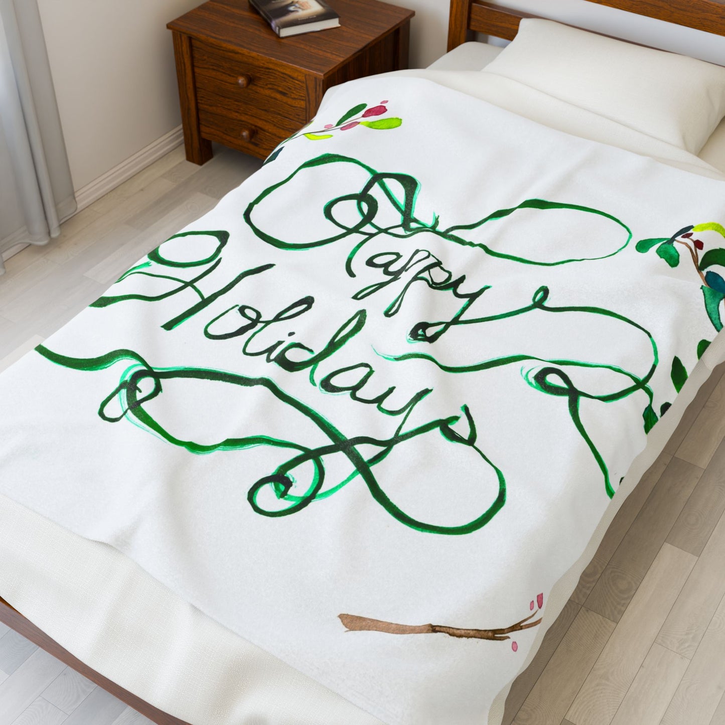 Happy Holidays Velveteen Plush Blanket – Festive Green Script Holiday Throw