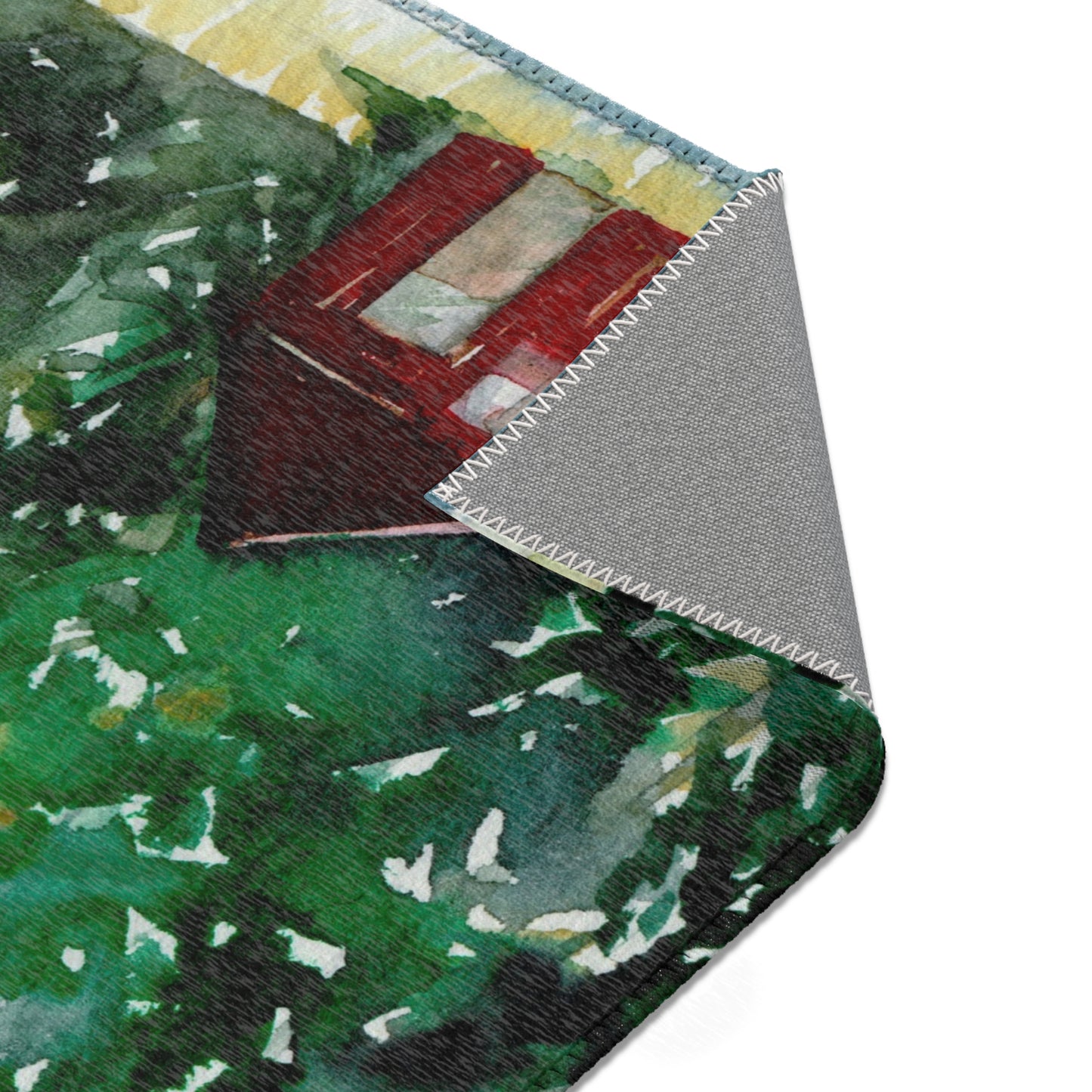 Cabin in the Pines Area Rug — Watercolor Forest Scene Rug
