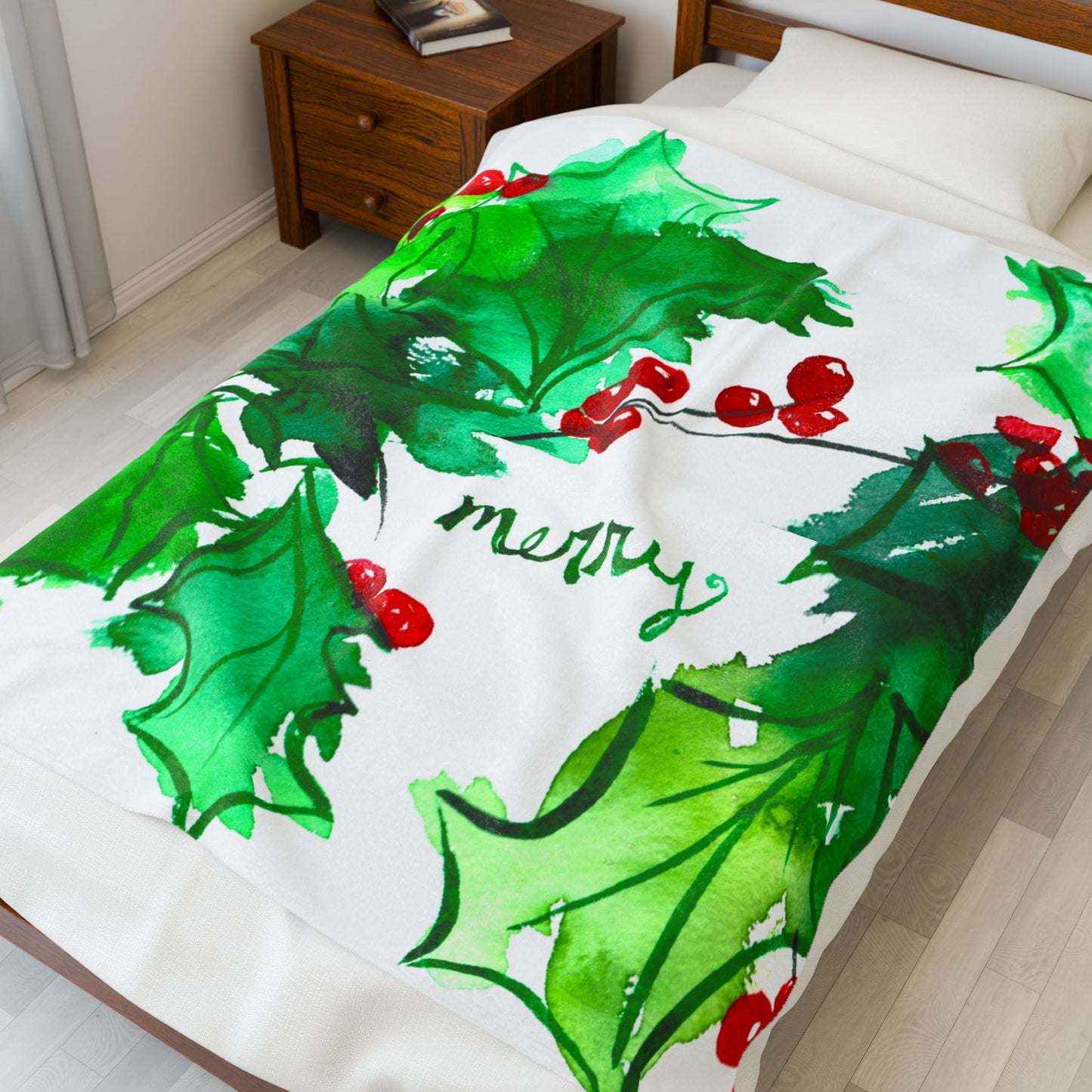Christmas Holly "Merry" Velveteen Plush Blanket — Festive Holiday Throw