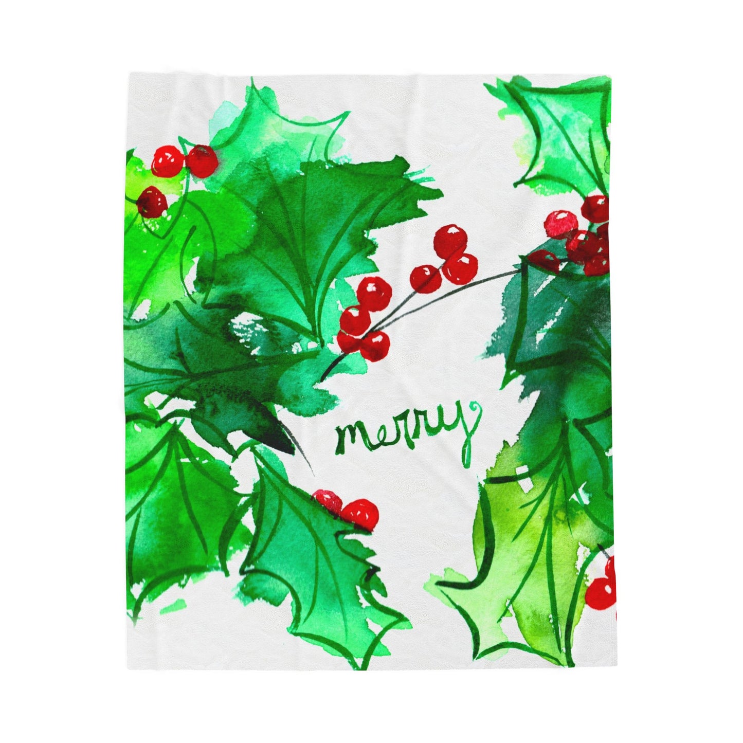 Christmas Holly "Merry" Velveteen Plush Blanket — Festive Holiday Throw