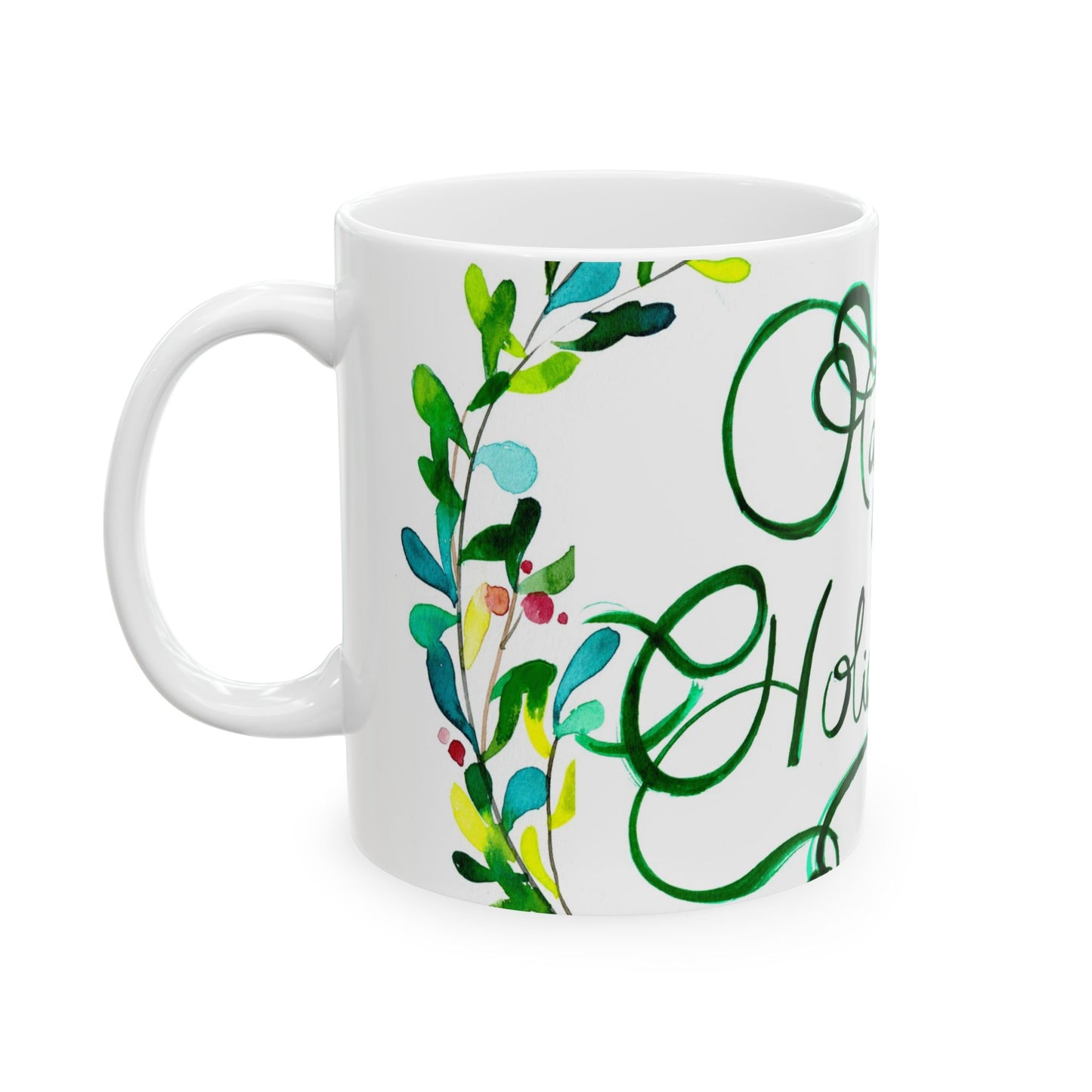 Happy Holidays Floral Ceramic Mug — Festive Green Script 11oz & 15oz