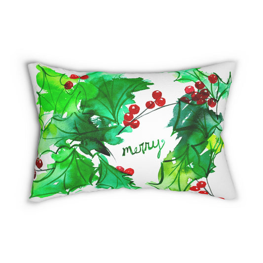Holiday Holly Lumbar Pillow — 'Merry' Watercolor Christmas Decor