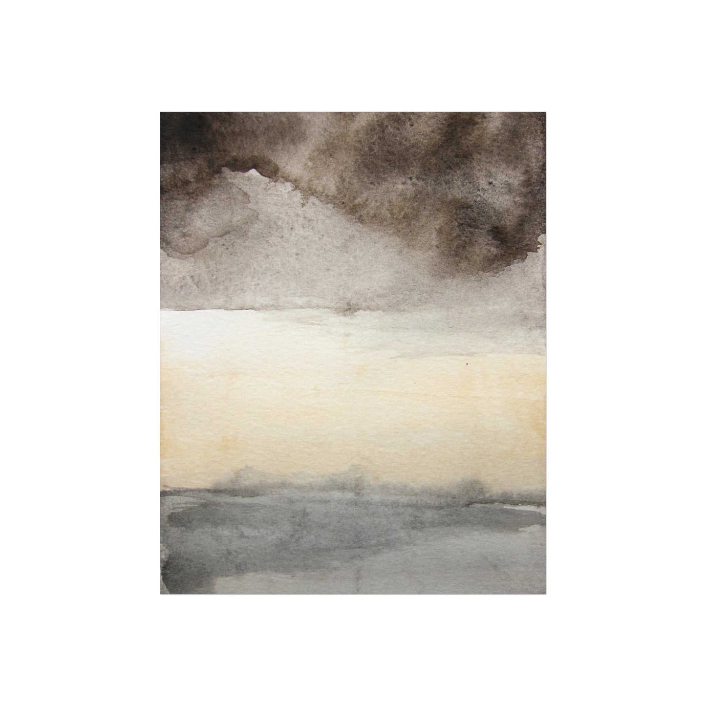 Abstract coastal watercolor poster with soft charcoal and warm cream hues on matte gallery-grade paper