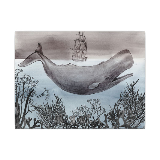 Matte canvas wall art of a drifting sperm whale and distant tall ship framed by coral in gentle graphite and blue tones