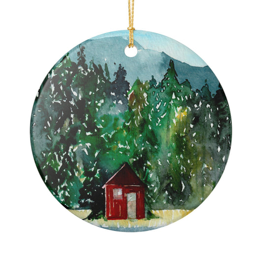 Ceramic Ornament — Watercolor Forest Cabin Holiday Decoration