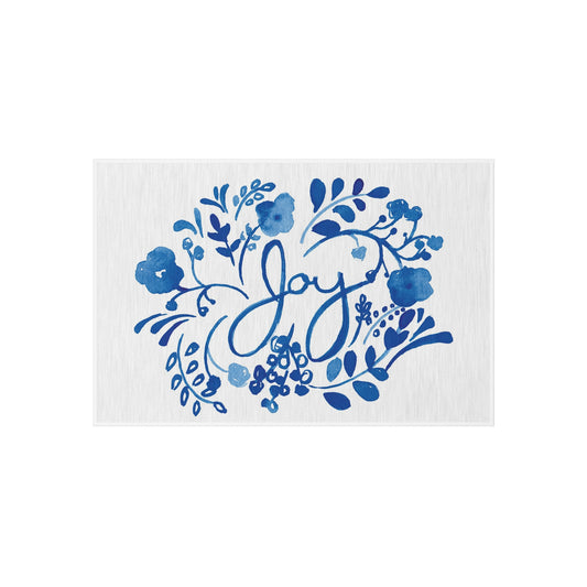 Outdoor Rug - Blue Watercolor Floral "Joy" Doormat for Porch & Patio