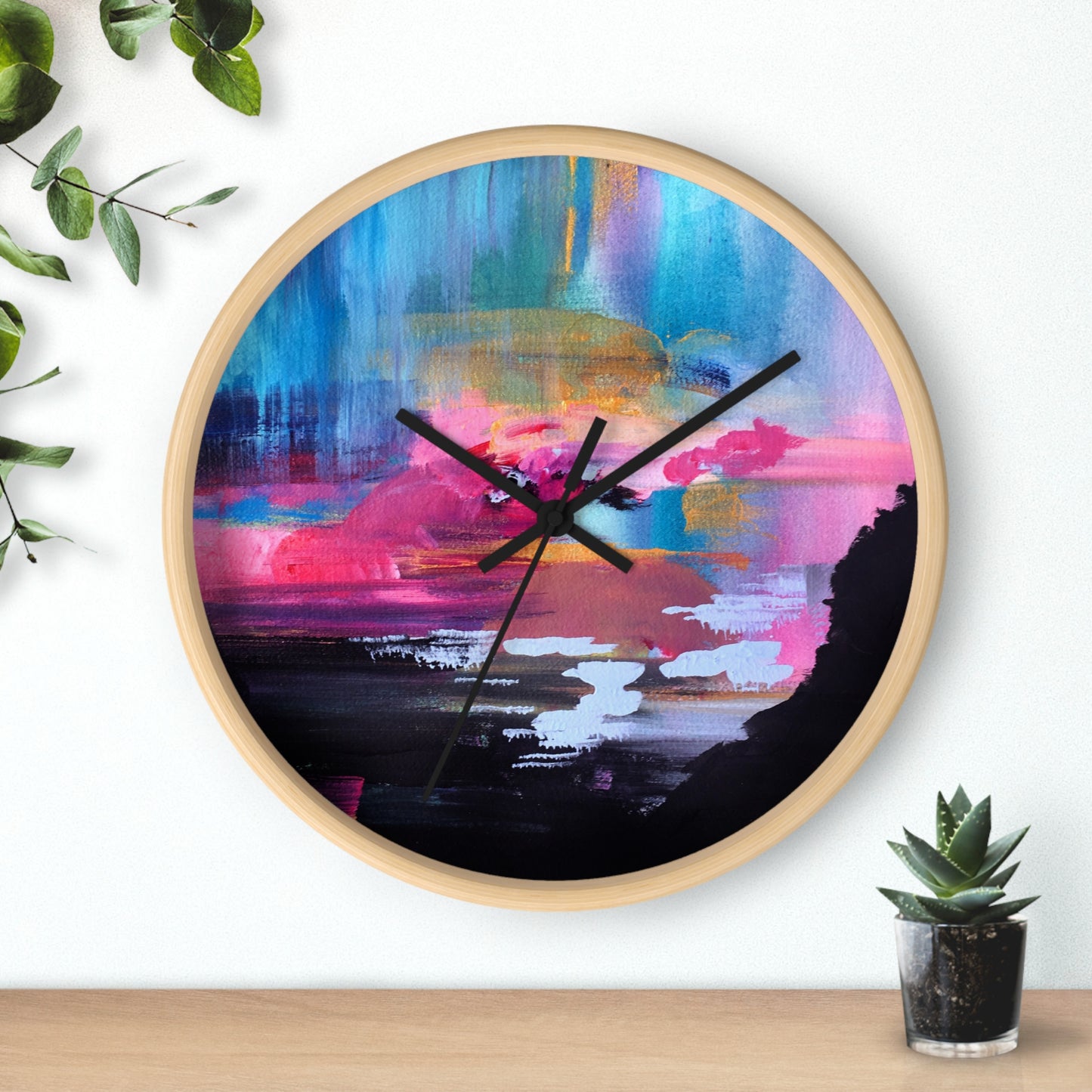 Abstract Sunset Wall Clock — Colorful Coastal Landscape Art Clock