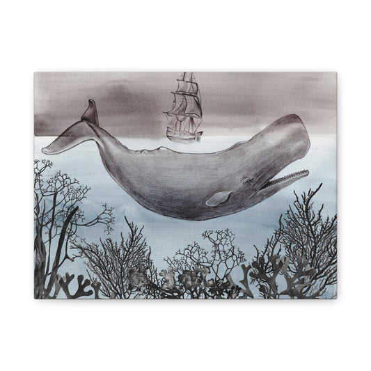 Whale & Tall Ship Matte Canvas Wall Art — Nautical Ocean Illustration