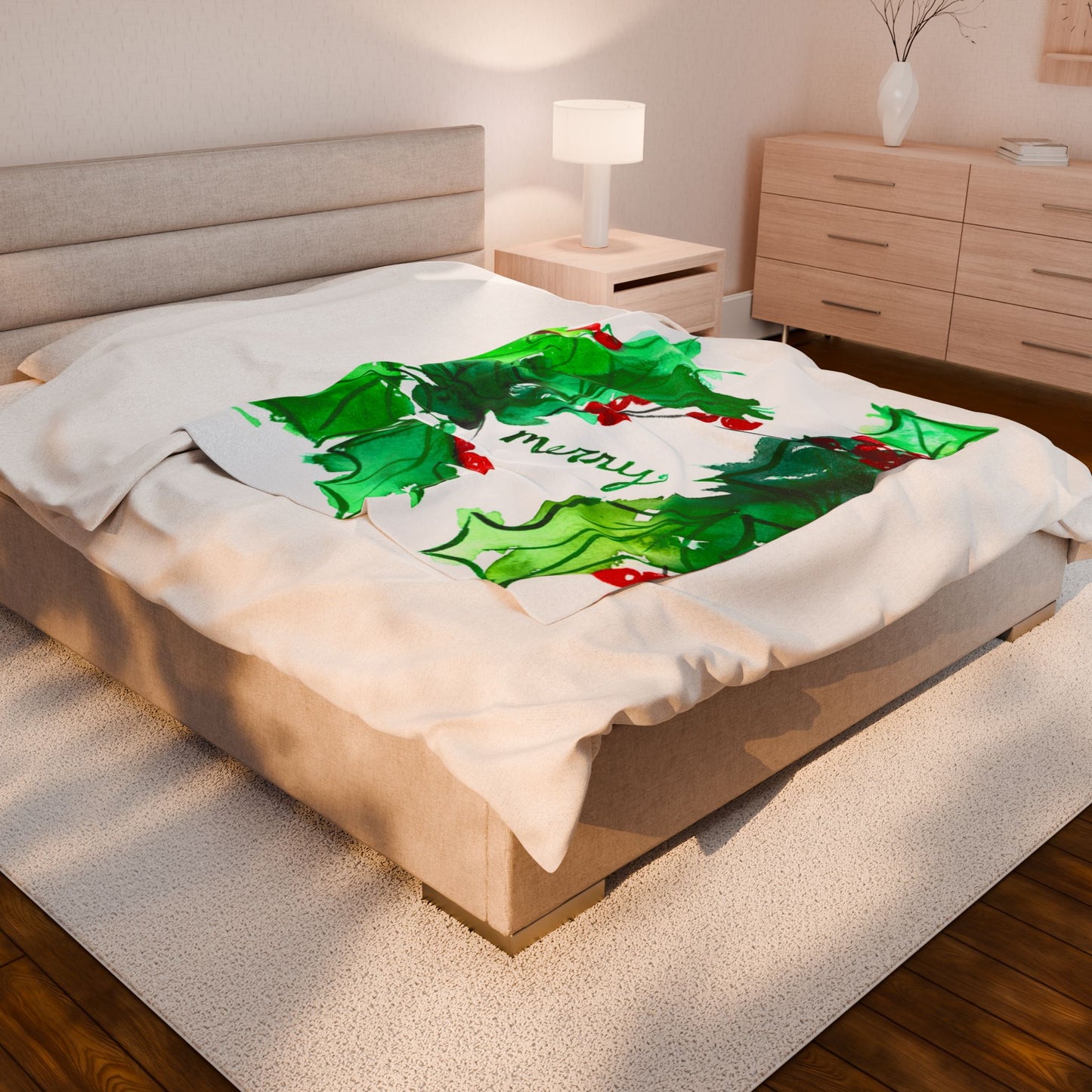 Christmas Holly "Merry" Velveteen Plush Blanket — Festive Holiday Throw