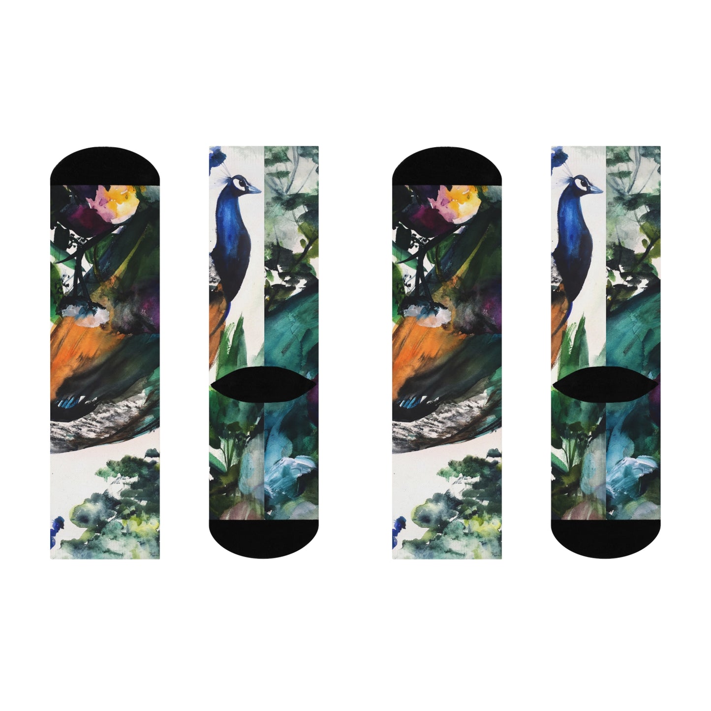 Peacock Watercolor Crew Socks — Colorful Artistic Bird Cushion Socks
