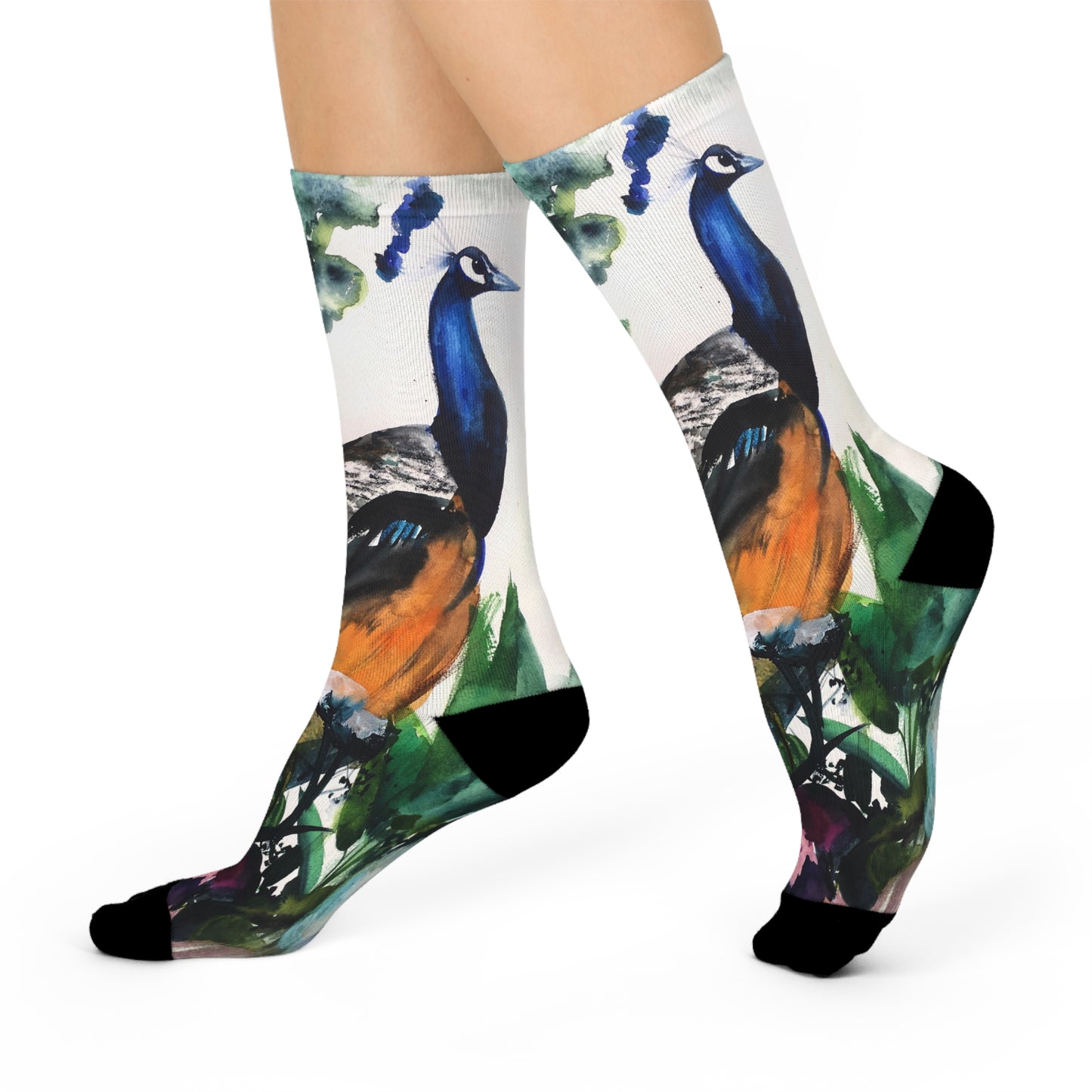 Peacock Watercolor Crew Socks — Colorful Artistic Bird Cushion Socks