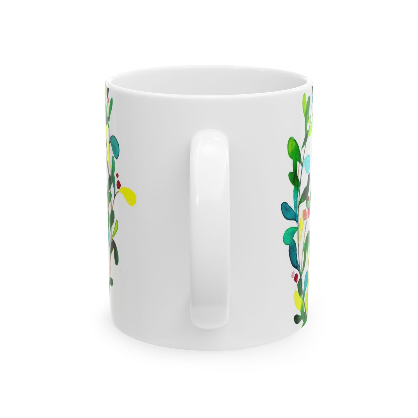 Happy Holidays Floral Ceramic Mug — Festive Green Script 11oz & 15oz