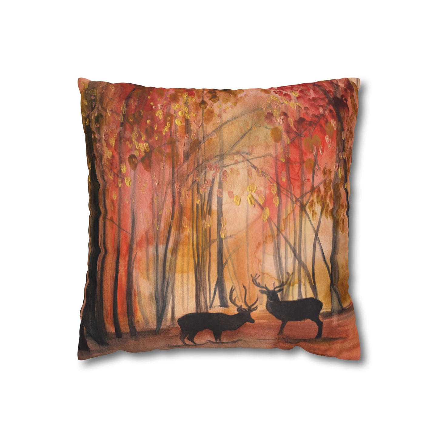 Autumn Forest Deer Pillowcase - Cozy Faux Suede Square Cushion
