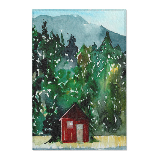 Cabin in the Pines Area Rug — Watercolor Forest Scene Rug