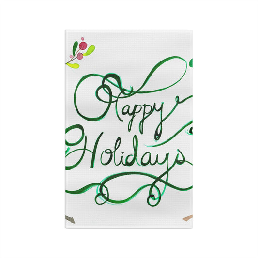 Happy Holidays Microfiber Tea Towel — Festive Green Script Kitchen Towel