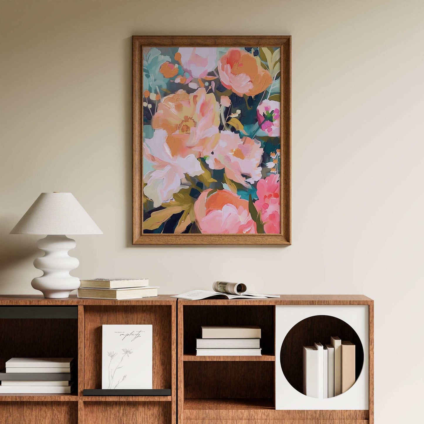 Among the Blossoms Art Print featuring delicate blooming flowers with soft colors for serene wall decor