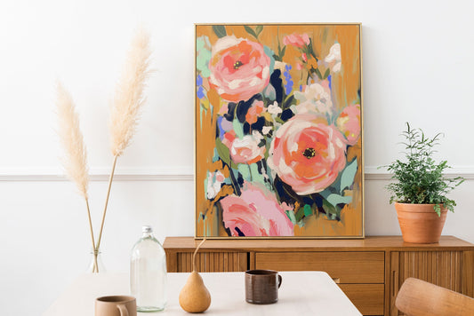 Beneath Apricot Skies art print with warm apricot sunset tones for serene wall decor.