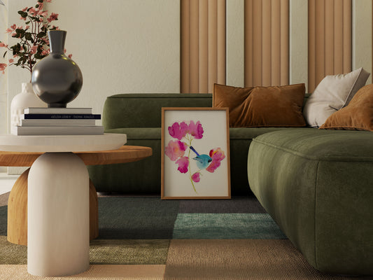 Blue Wren Watercolor Fine Art Poster – Pink Floral Bird Wall Art