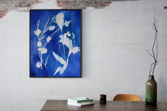 Cyanotype art print of blue-toned botanical design on archival-quality paper for elegant wall decor