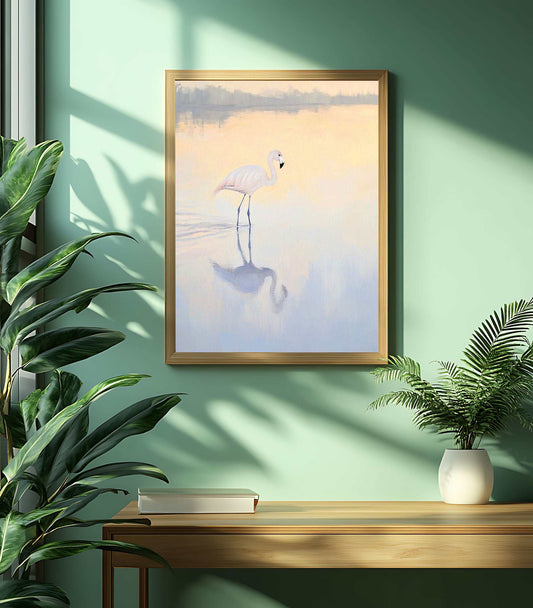 Flamingo at Dawn II art print featuring graceful flamingo silhouette at sunrise with soft tones for serene wall decor