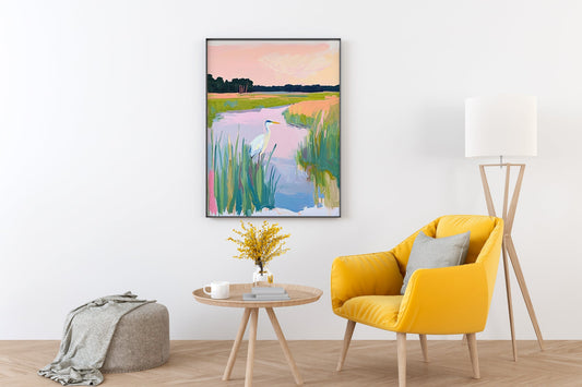Elegant heron art print showcasing serene nature-inspired fine art bird illustration