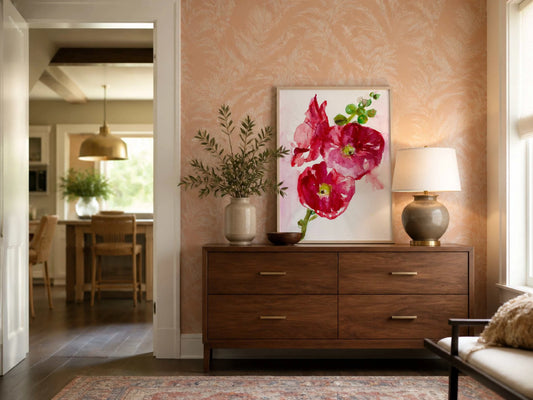 Vibrant hibiscus art print with tropical flowers in bright colors on fine art paper