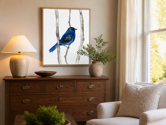 Indigo Bunting Art Print showcasing vibrant blue songbird with rich jewel tones on premium paper
