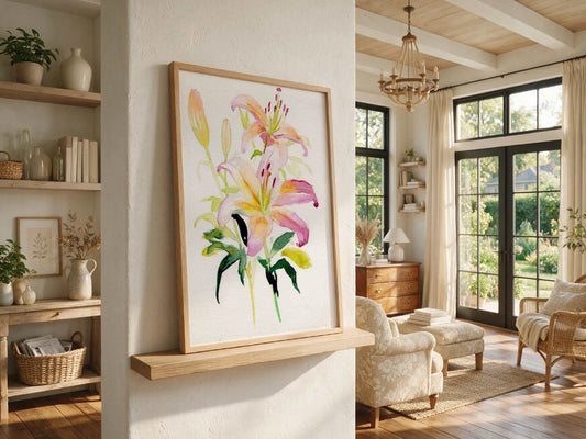 Lily May birth flower art print with delicate lily illustration and soft pastel colors