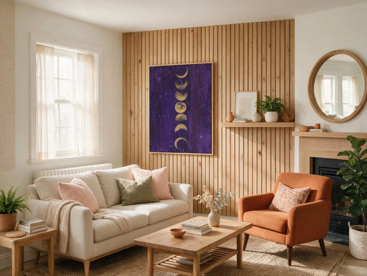Moon phases art print showcasing celestial design on premium paper or canvas with rich colors