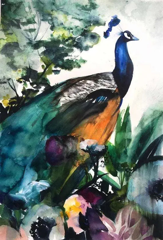 Vibrant Peacock Garden Art Print featuring detailed feathers and rich colors on archival-quality paper or matte cotton canvas wall art