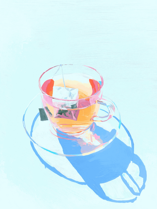 Sun Tea Study vibrant botanical art print of sun tea in glass pitcher with lemon and herbs for kitchen décor