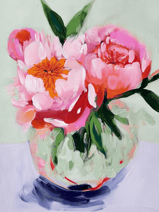 Sunday Morning Peonies art print with delicate peony blooms in soft pastel colors, brightening and inspiring serene home decor.