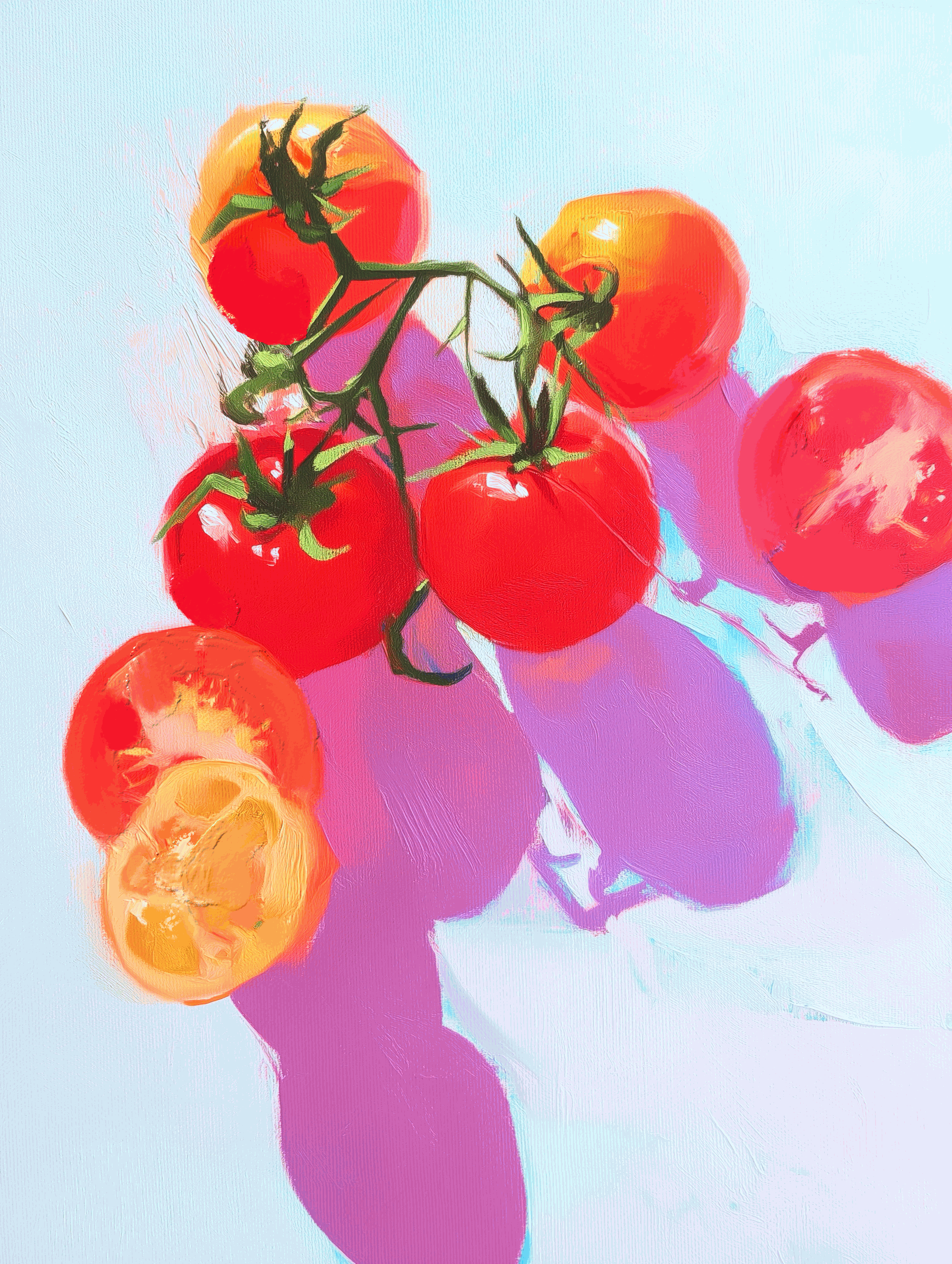 Original acrylic painting titled Tomato Study on 24x30 inch stretched canvas with archival varnish, unframed and signed by the artist