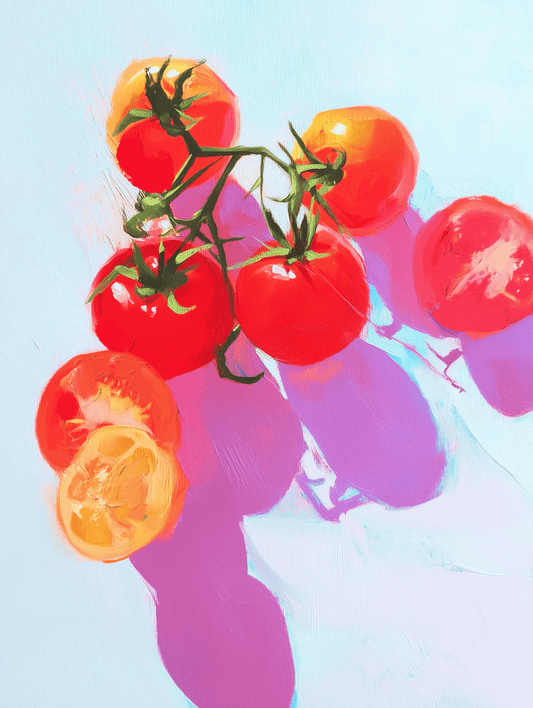 Original acrylic painting titled Tomato Study on 24x30 inch stretched canvas with archival varnish, unframed and signed by the artist