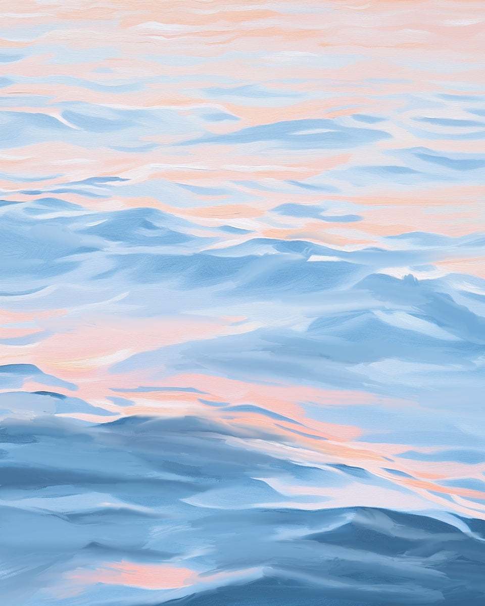 Tranquil Waters Art Print depicting calm still waters with gentle reflections for serene wall decor.