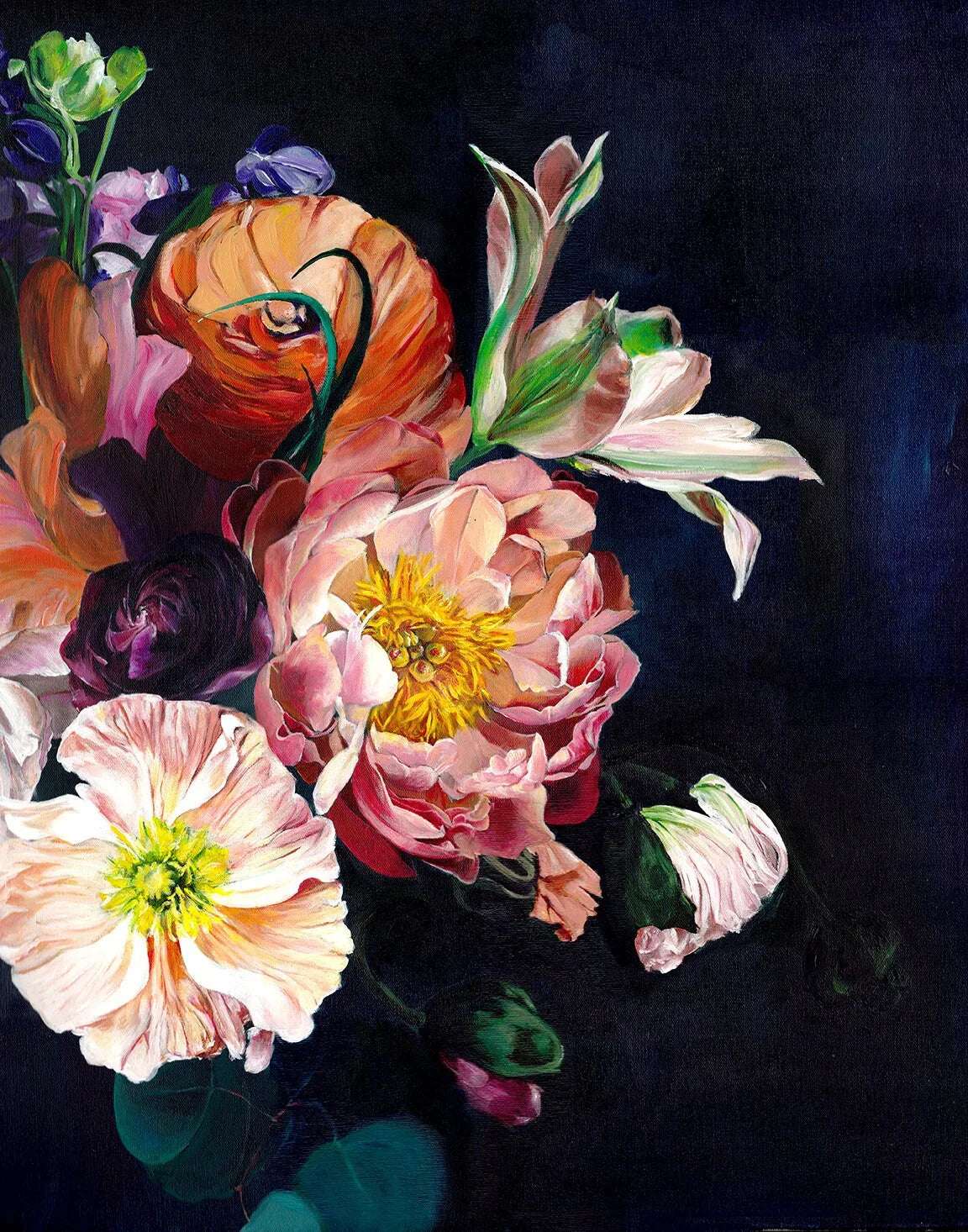 Resplendence Art Print featuring vibrant, detailed floral arrangement on dark background for elegant contemporary wall decor